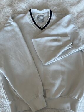 TNA Cozy V-Neck Sweater in White with Black Trim